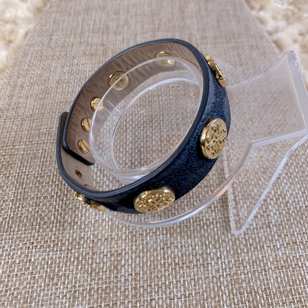 Rustic Cuff Blue Leather Pony Hair Gold Medallion Adjustable Bracelet - Picture 2 of 4